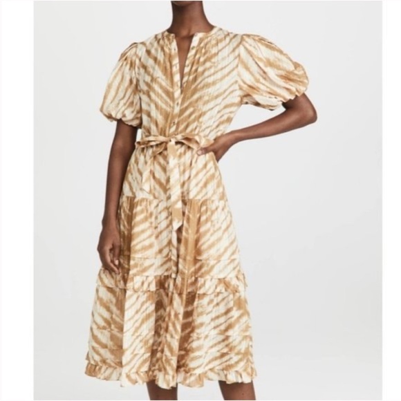 Ulla Johnson Magdalena Midi Dress Sand Tiger Print Puff Sleeves Ruffled - Picture 3 of 16